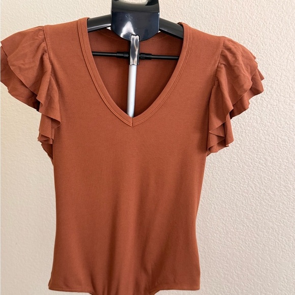 None Tops - Ruffled Sleeve V-Neck Top - Brown